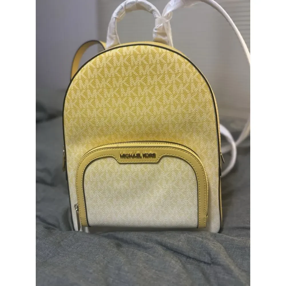 Michael Kors Jaycee Women Medium Signature Logo Zip Pocket Backpack Daisy Yellow